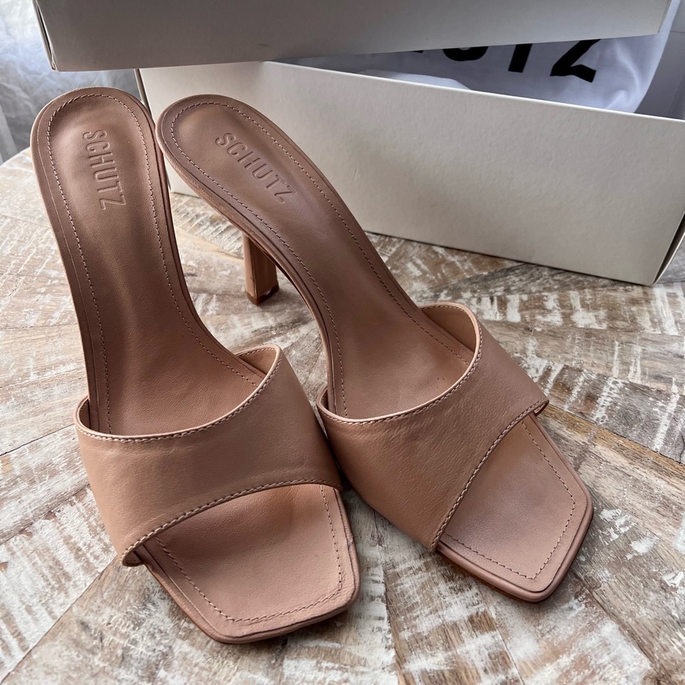 Schutz Nude Leather Square-Toe Heeled Mules